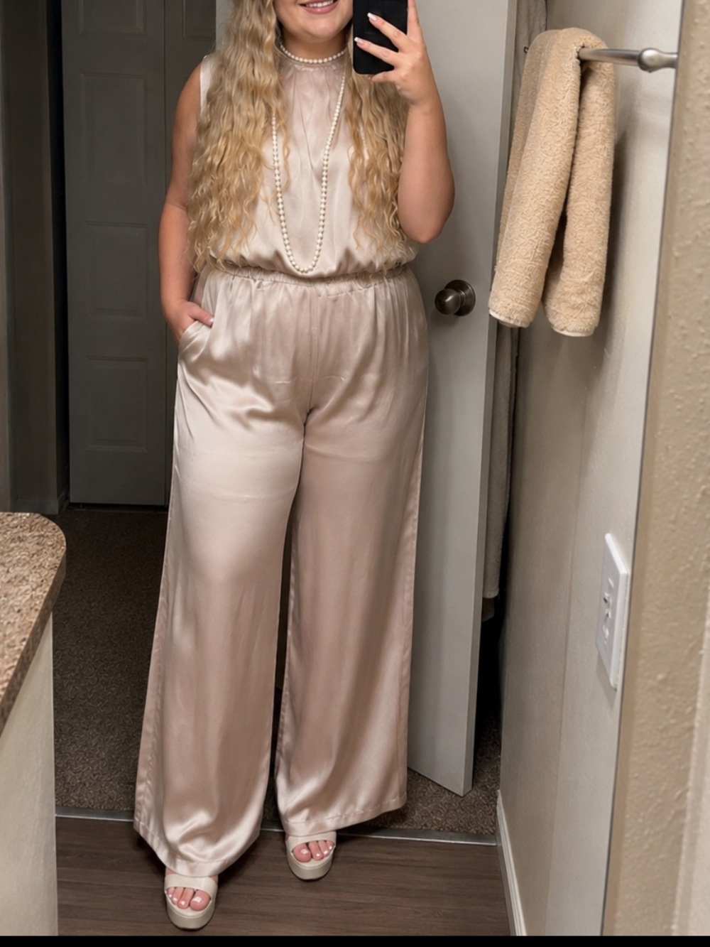 Pretty Garden Champagne Satin Wide Leg Jumpsuit | Sleeveless V-Neck